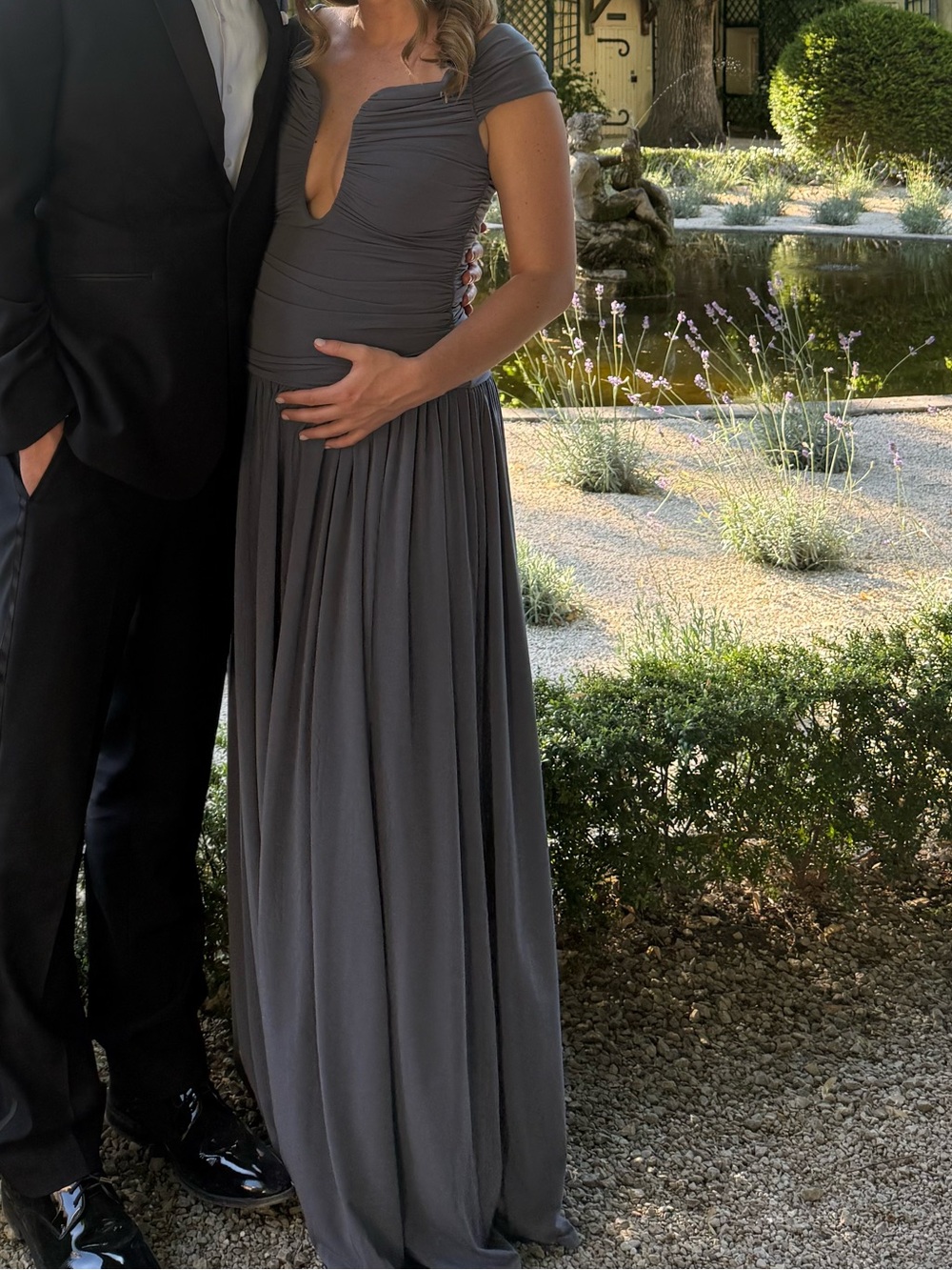 BUMP FRIENDLY - Lovers + Friends Slate Gray Ruched Maxi Dress with Cap Sleeves
